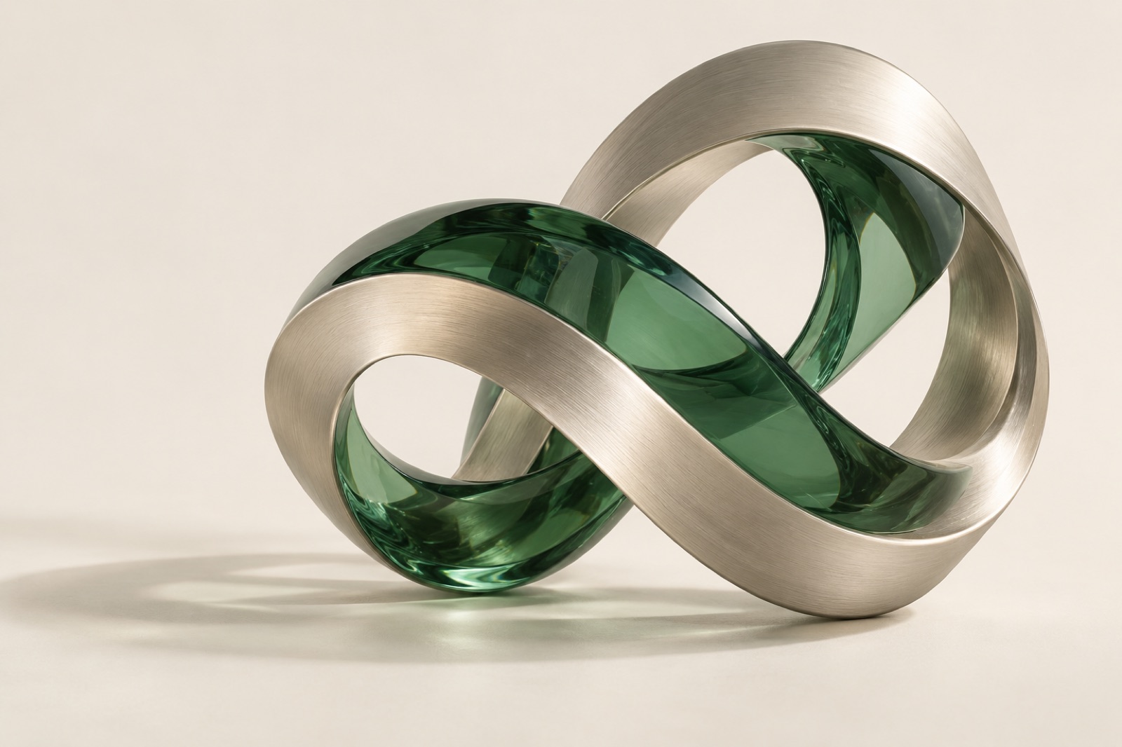 Interconnected emerald glass and brushed metal sculpture